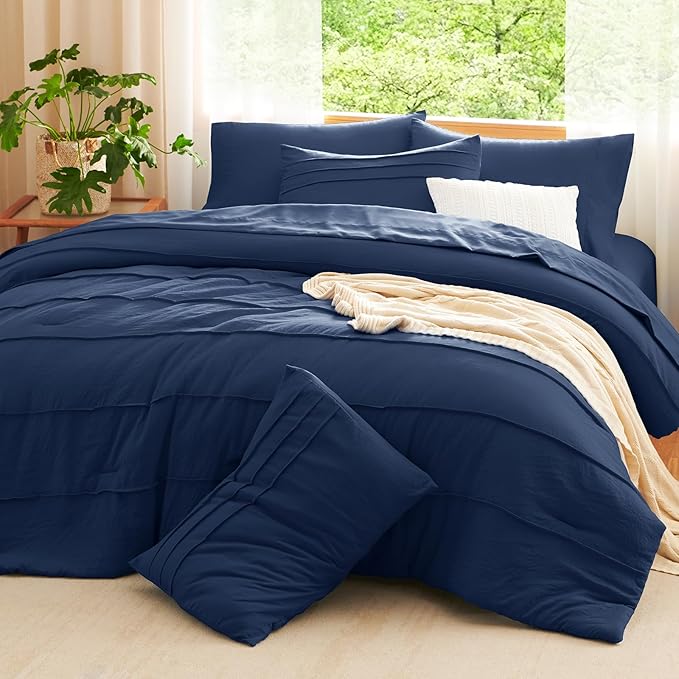 CozyLux Full Size Comforter Sets Navy Blue, 7 Pieces Soft Pinch Pleat Bed in a Bag Full Comforter Set with Sheets, Boho Bed Set with Down Alternative Comforter, Sheets, Pillowcases & Shams
