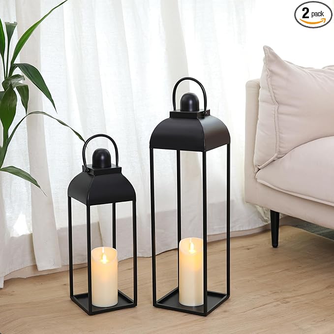 25'' 19'' Lanterns Decorative Outdoor Indoor, Black Metal Outdoor Candle Lanterns, Set of 2 Modern Farmhouse Decorative Lantern for Fireplace, Patio, Porch, Floor, Halloween Lantern (No Glass)