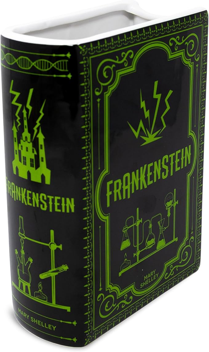 Steel Mill & Co Original Large Book-Shaped Decorative Vase, Ceramic Vases for Halloween Home Decor, Gothic Bookshelf Decor, Unique Vase for Book Lovers (Frankenstein)