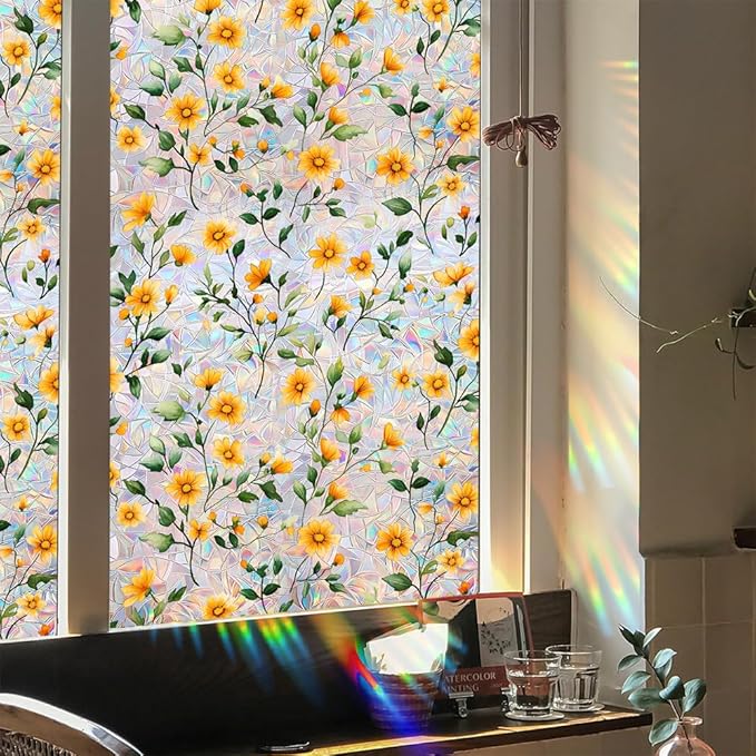 Window Film, Decorative Rainbow Yellow Flowers Stained Static Glass Window Clings Stickers for Home Office Living Room Bedroom Glass Windows Door Decor 17.72 x 39.37 Inches