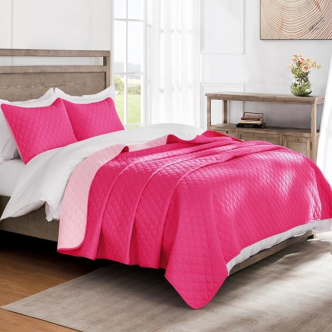 Exclusivo Mezcla Reversible Full Queen Quilt Bedding Set with Pillow Shams, Lightweight Quilts Queen Size, Soft Bedspreads Bed Coverlets for All Seasons - (Hot Pink, 90"x96")
