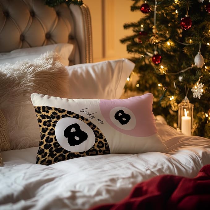 Trendy Leopard Lucky 8 Ball Pillow Covers 20x12, Cheetah Leopard Print Room Decor, Funky Preppy Leopard and Black Billiards Decorative Throw Pillow Covers for Girls Dorm Apartment，Set of 2