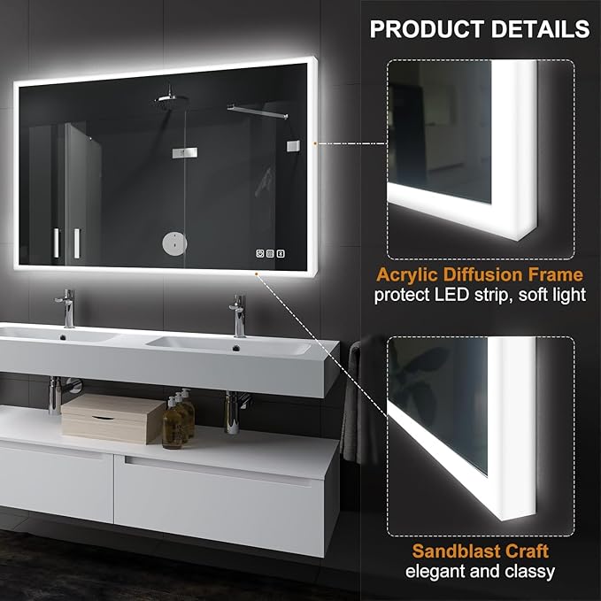 S·BAGNO LED Bathroom Mirror with Lights, 48''x28'' 3D Border Bathroom Vanity Wall Mirror with Bluetooth, Anti-Fog, Stepless Dimming, 3 Colors, Tempered Glass Lighted Vanity Mirror for Bathroom