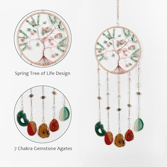 Rainbow Agate Gemstone Large Dream Catcher Crabapple Chakra Tree of Life Dream Catcher with Crystal Stones Handmade Dreamcatcher Wall Decor for Adults Boys Girls Bedroom Garden Bless Gift