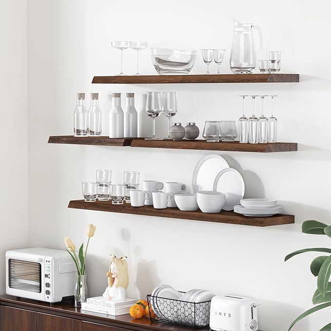 Floating Shelves for Wall, 24"x9.3" Rustic Solid Live-Edge Elm Wood Wall Shelves, Heavy-Duty Floating Shelves with Invisible Brackets, Set of 2 for Living Room, Bedroom, and Kitchen, Walnut Finish