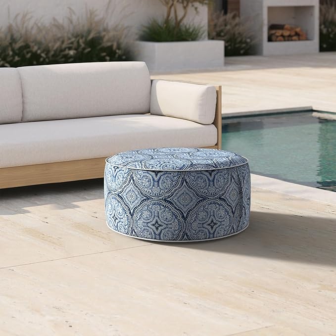 Inflatable Ottoman Stool D21 xH9 for Outdoor/Indoor Use, Water Repellent Patio Foot Rest Stool with Portable Handle,Round Pouf Ottoman Suitable for Garden,Deck and Camping - Medallion Blue
