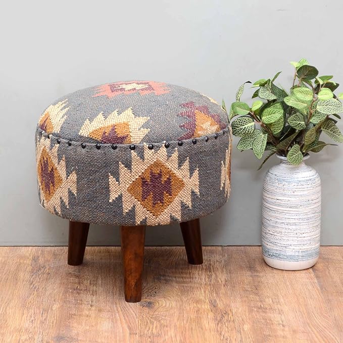 Handmade Kilim Jute Pouf Ottomans Wooden Seating Stool for Living Room, Bedroom (16" D x 16" W x 16" H) (Grey)