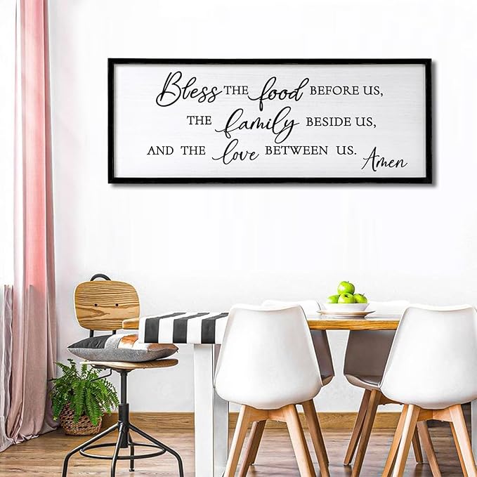 Bless the Food Before Us, the Family Beside Us, and the Love between us Framed Wall Art for Christian God Jesus Christ Prayer, 40''×15'' Positive Holy Religious Rustic Bible Verse for Dining Room