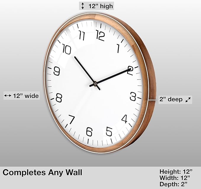 Driini Analog Dome Glass Wall Clock (12") - Wood Frame with White, Modern Face - Battery Operated with Non Ticking Hands - Large Decorative Clocks for Classroom, Office, Living Room, or Bedrooms.