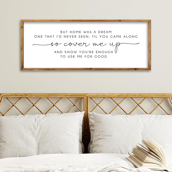 ZZJJHYWGQ Romantic Quote Wall Art So Cover Me Up Sign 32"×12" Inspirational Home Was A Dream Decor Rustic Large Wood Framed Print for Bedroom Living Room Couples Motivational Wall Hanging (Wood)
