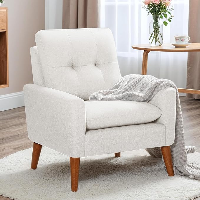 JUMMICO Mid Century Accent Chair, Fabric Modern Reading Living Room Chair, Fluffy Comfy Armchair Small Sofa Chair with Wood Legs for Bedroom Office Cafe, Set of 1 (Pure White)