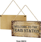 SENJIAN Rustic Train Station Wood Decor Sign, Retro Welcome to the Train Station Printed Wood Sign Wall Art, Hanging Door Sign, Decorative Wood Sign Home Decor 12" x 6"