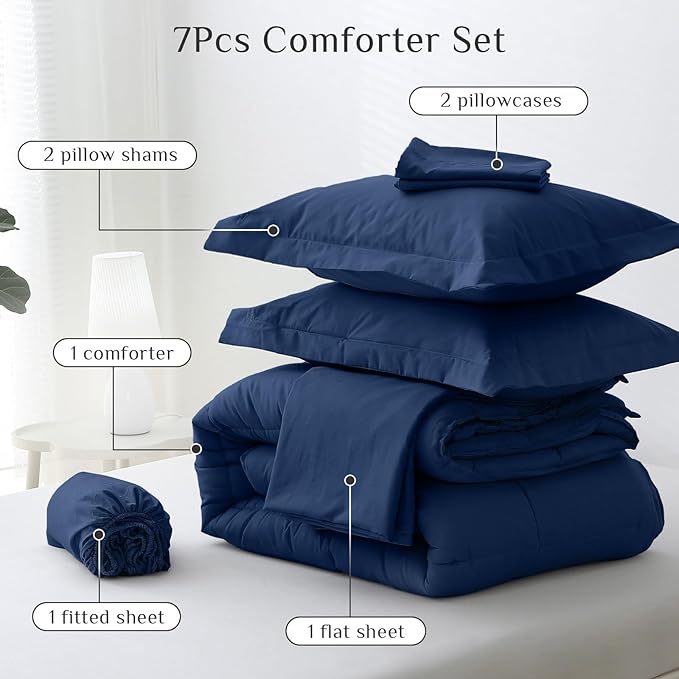JOLLYVOGUE California King Comforter Set, Ultra-Soft Bed in a Bag Cal King Size 7 Pieces, Oeko-TEX Certified Bedding Set with Down Alternative Comforter, Sheets, Pillowcases & Shams, Navy