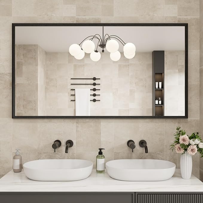 Rectangle Bathroom Mirror 55x30 Inch, Matte Black Framed, 4MM Tempered Glass, Anti-Rust, Wall-Mount Vanity Mirror for Bathroom & Bedroom, Hangs Horizontally or Vertically