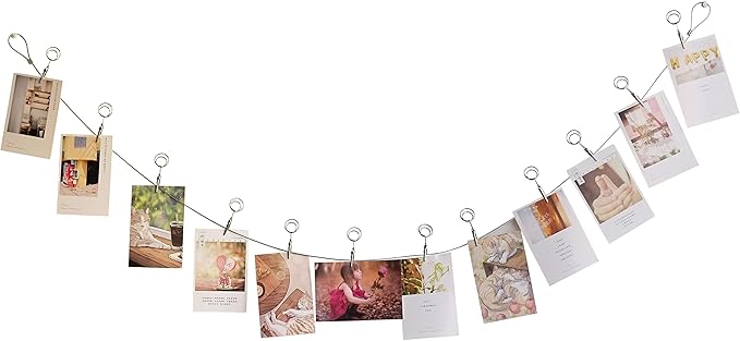 Multi-Purpose Steel Wall Hanging Photo Display Cable Wire Rod with 12 Adjustable Clips for Hanging Photos Notes Postcard and Artworks (Round)