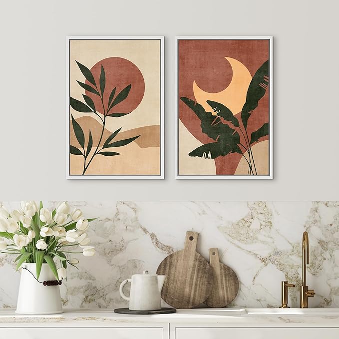SIGNFORD Framed Canvas Print Wall Art Set Sun & Moon Mid-Century Desert Plants Abstract Shapes Illustration Modern Art Decorative Nordic Nature for Living Room, Bedroom, Office - 24"x36"x2 White