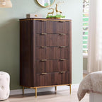 T4TREAM Fluted 5 Drawers Dresser for Bedroom, 48" Tall Modern Dresser Chest of Drawers, Gold Accents, Fluted Fronts, Wood Storage Dressers Organizer for Bedroom, Living Room, Dark Walnut