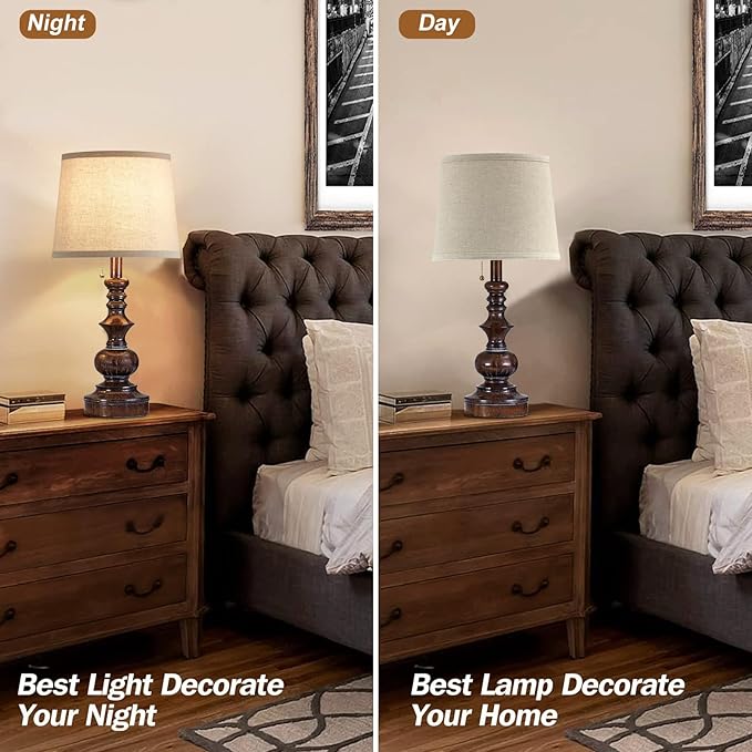 Vintage Bedside Table Lamps Set of 2 for Bedroom Nightstand Lamps with USB Charging Ports Rustic Farmhouse Small Table Lamp for Living Room End Tables Brown Wooden Finish, Pull Chain