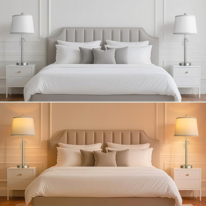 PARTPHONER Bedside Lamps Set of 2, Tall Table Lamps for Living Room, Height Adjustable Nightstand Lamps for Bedroom Office, Modern End Table Lamps with Pull Chain(LED Bulbs Included), Sand Nickel