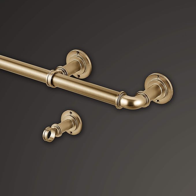 MODE Industrial Room Darkening Collection 1 1/8" Diameter Industrial Curtain Rod Set with Steel Wall Mounted Adjustable Curtain Rod, Blocks Light, Fits 36” to 72” Windows, Warm Gold