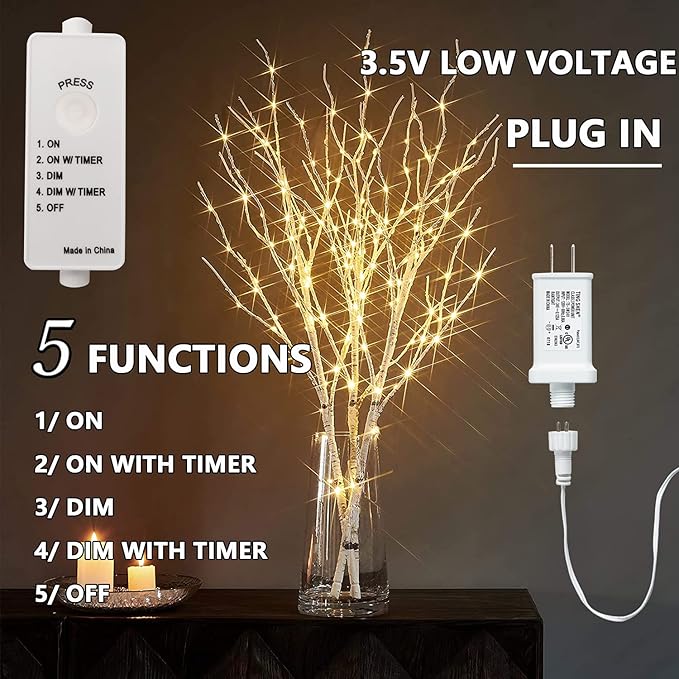 Fudios Lighted Branches 150 LED Fairy Lights with Timer 32in Plug in, Electric Lit White Birch Twigs for Vase Christmas Inside Outside Decor 1 Set