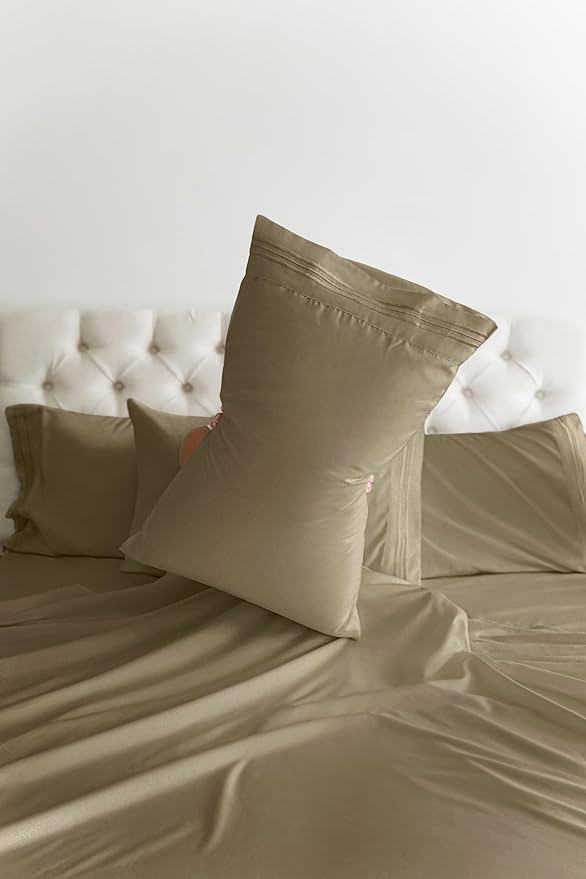 Cal King Sheets Set 6 Piece - Includes 4 Pillowcases - Bed Sheets Cal King Size - Soft Hotel Luxury Bedding - Cooling, Comfy & Breathable - 1 Flat & 1 Fitted & 4 Pillowcases w/ Deep Pockets - Khaki
