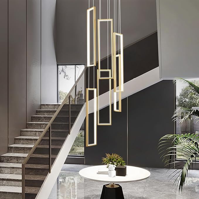 Modern Kitchen Island Dimmable Pendant Light Fixture Gold 108W LED Pendant Lights 6 Rings Rectangular Chandelier Staircase Large Chandelier Lobby Living Room Foyer High Ceiling Chandeliers