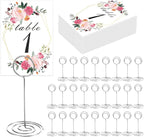 26 PCS Table Number Holder - Table Card Holder Stand Wire Photo Holder with 26 Pcs Floral Table Number Cards, Place Card Holder Stand for Weddings Party Office Paper Memo Menu Note Clips