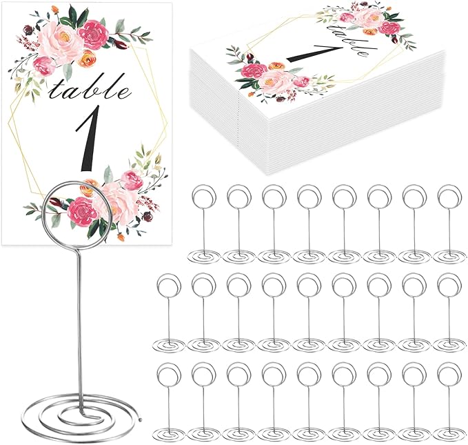 26 PCS Table Number Holder - Table Card Holder Stand Wire Photo Holder with 26 Pcs Floral Table Number Cards, Place Card Holder Stand for Weddings Party Office Paper Memo Menu Note Clips