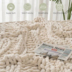 Esterra Chunky Knit Blanket Throw, 100% Handmade Chenille Throw Blanket 50"x60", Soft Thick Yarn Cable Knit Crochet Throw Blanket Rope Knot Throw for Couch Bed Sofa, Apricot White