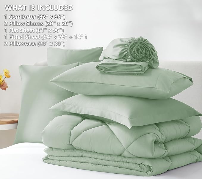 CozyLux Full Size Comforter Sets Sage Green - 7 Pieces Bed in a Bag Full, Luxury Soft Bed Set for All Seasons, Bedding Set with Down Alternative Comforter, Sheets, Pillowcases & Shams