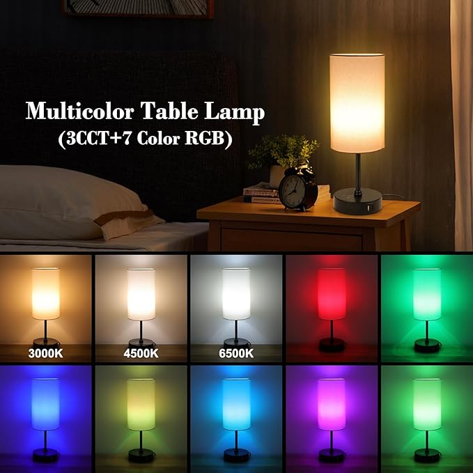 Ascher RGB Table Lamp Color Changing - 3 Color Temperatures and Stepless Dimmable Small Bedside Lamp for Bedroom, Touch Control Nightstand Light with Cream Shade for Reading Home Decor Lights