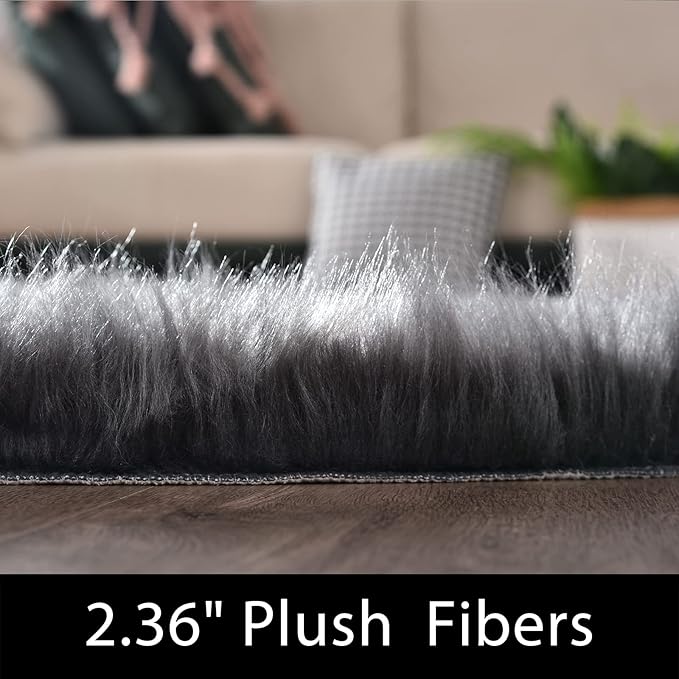 Latepis Dark Grey Round Area Rugs 8 ft Large Faux Sheepskin Fur Fluffy Washable Rug for Living Room Shag Soft Shaggy Rug for Bedroom Accent Room Carpet
