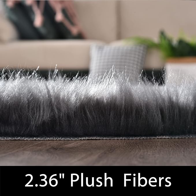 Latepis Dark Grey Faux Sheepskin Fur 2x8 Runner Rug for Hallway Non-Slip Furry Rug for Living Room Carpet for Home Decor Rectangle