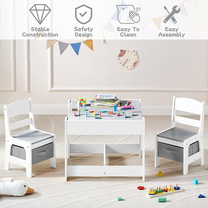 Kids Table and Chair Set, 3 in 1 Wooden Activity Table with Detachable Tabletop, Toddler Table and Chair Set with Storage Drawer, Kids Play Table for Children Art, Craft, Eating, Learning