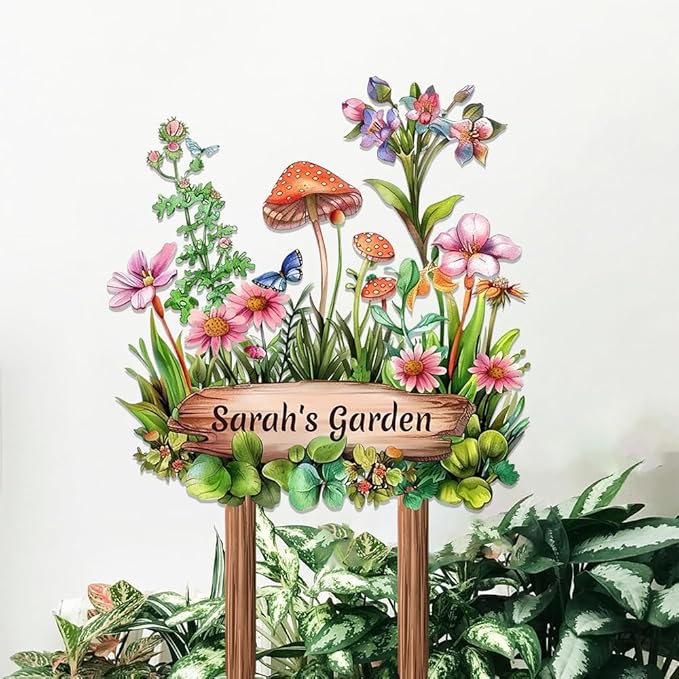 Personalized Mushroom Metal Sign with Stake,Custom Gardener Last Name Signs Outdoor Decoration,Customized Flowers Garden Accessories Decor for Grandma,Butterfly Plaques for Patio Lawn Porch Backyard