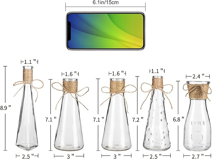 Flowers Vases Set of 10, Small Clear Glass Vases with Rope Design and Differing Unique Shapes Flower Vase for Home Holiday Decoration
