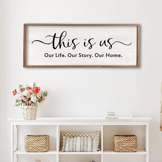 This is us Wall Decor Sign 32'' x 12'' Large Master Bedroom Home Life Story Wood Framed Vintage Family Sign Rustic Plaque Living Room Minimalist Farmhouse Hanging Wall Art (Wood)