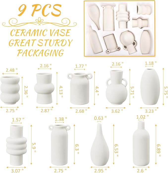 White Ceramic Vase Set of 9, Boho Ceramic Vase in Bulk, Small Vases Set for Home Decor, Modern Minimalist Farmhouse White Bud Vases for Shelf Decor, Table, Bookshelf