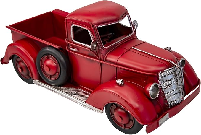 Berfutall-11'' Iron Classic Red Truck Pick-up Model Collectible Vehicle Decoration, Metal Truck Christmas Decor ，Unique Blend of Vintage, Rustic, Farmhouse Truck Decor for Table Top Decor. (H)