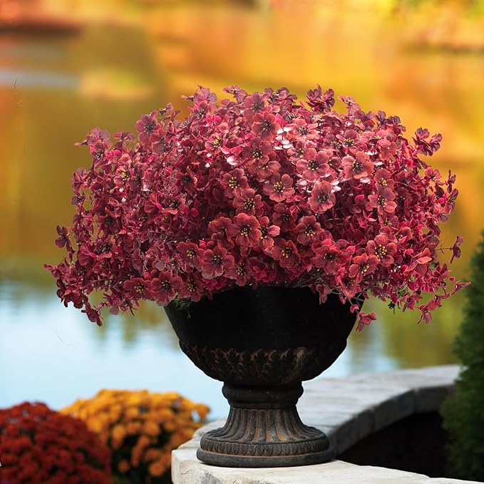 16 Bundles Artificial Boxwood Flowers Outdoor UV Resistant, 13.5" Fall Faux Greenery for Porch Planters Thanksgiving Decor - Fake Plants for Garden, Fireplace, Front Door(Wine Red)