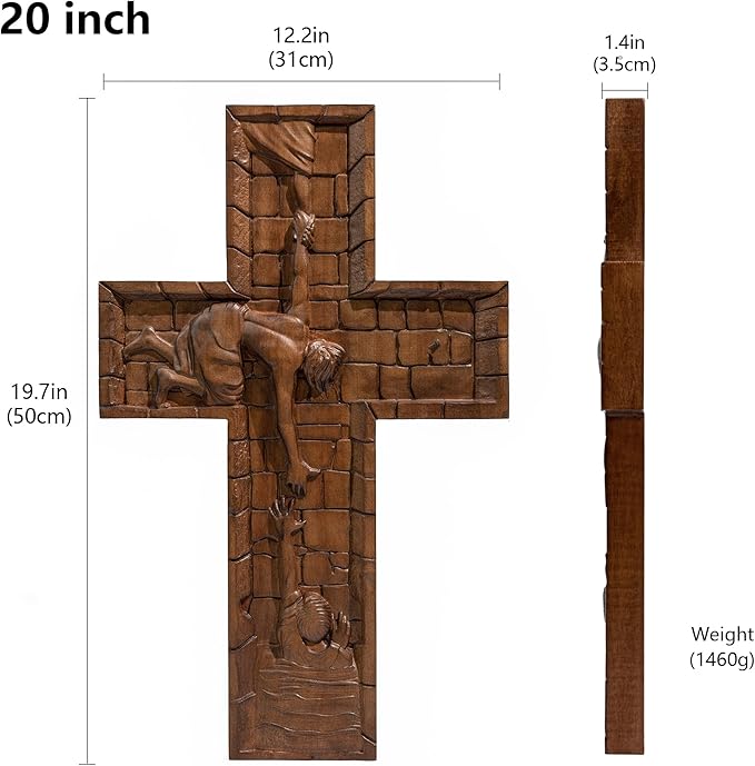 BGCOPPER Crucifix Wall Cross Handmade Wooden Cross with Hook, Christian Wall Art Jesus Wall Cross Gifts for Church Home Room Decor Christmas Cross - 20 Inch