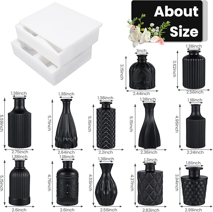 12pcs Glass Bud Vases Set, Small Vases for Flowers, Black Bud Vase for Centerpieces in Bulk, Mini Vintage Vase for Rustic Wedding Decorations, Office and Home Table Flower Décor-Green