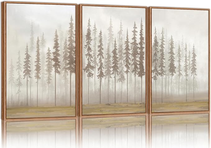 SIGNINART Large Pine Tree Framed Canvas Wall Art Set, Foggy Forest Landscape Wall Decor, Modern Beige Nature Artwork, Misty Forest Wall Painting for Living Room, Bedroom,Office 16 x24 x3