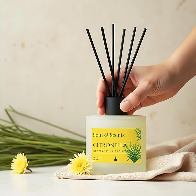 Soul & Scents Reed Diffuser Set – Citronella | 7.43 oz Refillable Scented Oil with 6 Fiber Sticks | Long-Lasting Home Fragrance & Air Freshener for Bedroom, Bathroom, Office | Gift & Décor Piece