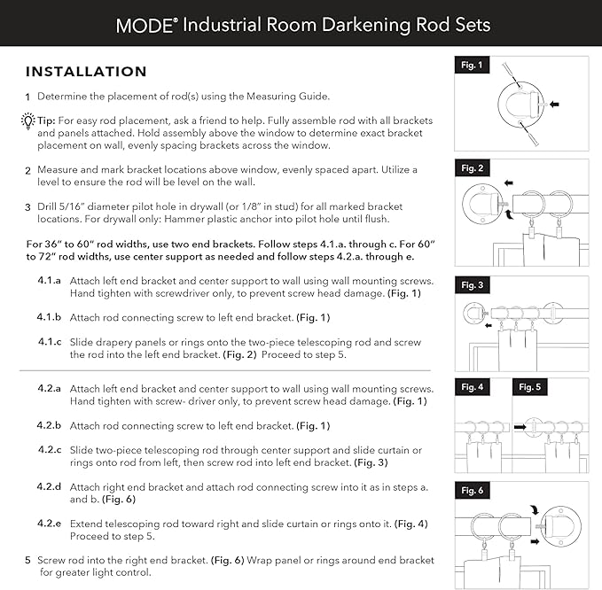 MODE Industrial Room Darkening Collection 1 1/8" Diameter Industrial Curtain Rod Set with Steel Wall Mounted Adjustable Curtain Rod, Blocks Light, Fits 36” to 72” Windows, Brushed Gold