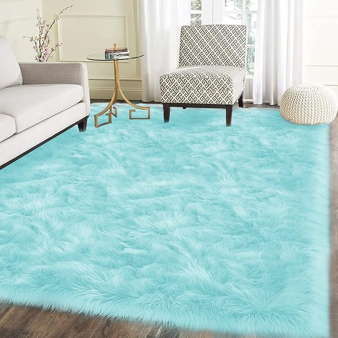 Latepis Light Blue Area 8x10 Faux Sheepskin Fur Rug Teal Rugs for Living Room Bedroom Throw Fuzzy Rug Shaggy Rugs Cute Luxury Home Decor