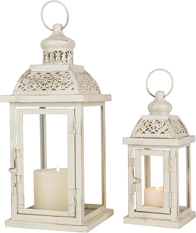 DECORKEY Large Lantern Decorative Outdoor & Indoor, Set of 2 (14’’&10’’) Metal Candle Lanterns Decor, Vintage Hanging Candle Holder for Front Porch Patio Wedding Farmhouse Home, Spring Decoration