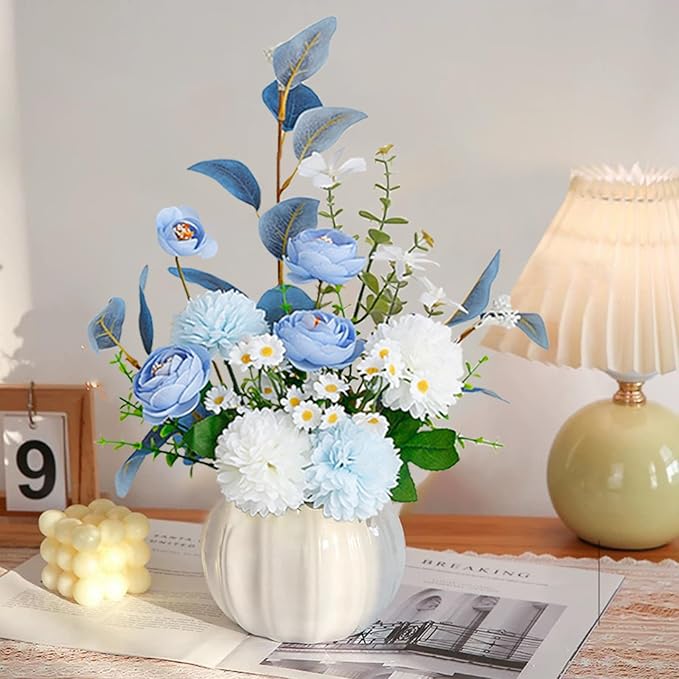 Artificial Flowers, Fake Flowers in Vase, Silk Flowers with Ceramic Vase, Faux Flowers Arrangement for Homes, Restaurants Decoration Dining Table Centerpiece Decor (White)