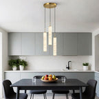 LMQNINE Natural Alabaster Pendant Lights for Kitchen Island White Marble Long Tube Chandelier Modern Gold Ceiling Light Fixtures for Bedroom Dining Room Table Living Room Hallway(M-3Light)